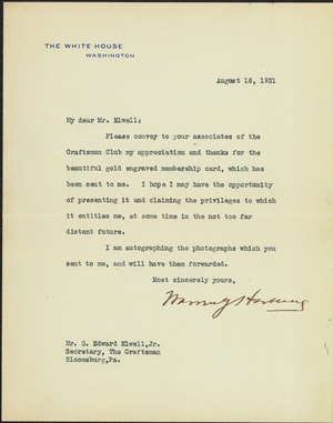 Letter from President Warren G. Harding to G. Edward Elwell, Jr., 1921 August 18