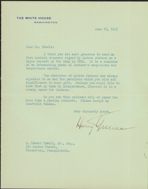 Letter from President Harry S. Truman to G. Edward Elwell, Jr., 1945 June 16