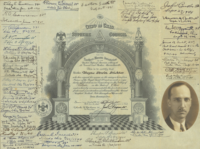 32° membership certificate issued by the Valley of Toledo to Wayne Edwin Stichter, 1930 May 22