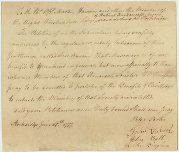 Petition to a Masonic lodge at Stockbridge, 1777 June 25