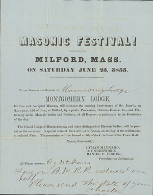 Masonic festival notice, 1855 June 23