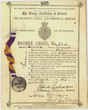 Membership certificate issued by Ballydermot Orange Lodge, No. 334, to Robert Campbell, 1897 March 24