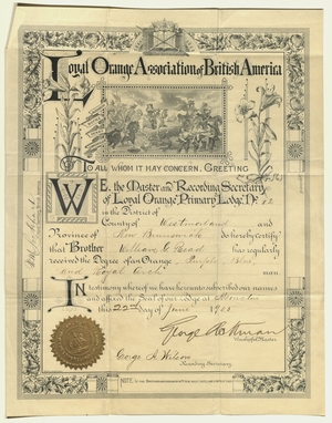 Membership certificate issued by Moncton Loyal Orange Primary Lodge, No. 62, to William G. Read, 1905 June 22