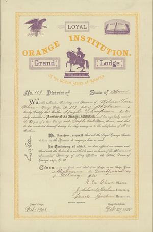 Membership certificate issued by Woburn True Blues Orange Lodge, No. 119, to Hugh Thompson, 1908 February 27