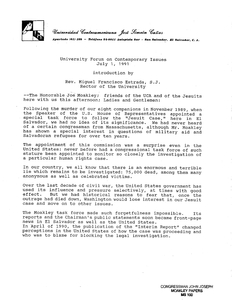 Speeches from a University of Central America Forum on Contemporary Issues by Reverend Miguel Francisco Estrada, Rector, John Joseph Moakley, and Father Jon Sobrino, 1 July 1991