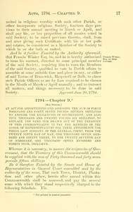 1794 Chap. 0009 An Act For Apportioning And Assessing The Sum Of Forty Thousand And Forty Seven Pounds Fifteen Shillings To Answer The Exigencies Of Government; And Also Five Thousand And Twenty Pounds Six Shillings, To Replace The Same Sum Drawn Out Of The The Treasury Of This Commonwealth To Pay The Members Of The House Of Representatives For Their Attendence The Three Last Sessions Of The General Court, From The Twenty Ninth Day Of May, One Thousand Seven Hundred And Ninety Three, To The Twenty Seventh Day Of February, One Thousand Seven Hundred And Ninety Four, Inclusive.