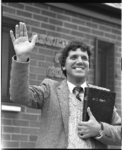Billy McIlwaine, Loyalist lay preacher with the Assembly of God church on the Shankill Road, Belfast. Shots standing at church