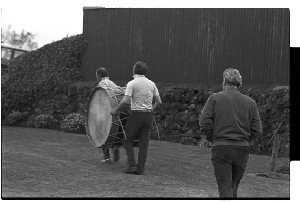 Lambeg drumming competition held at Magherafelt, Co. Derry. Various group scenes, some shots of drawings on the side of drums