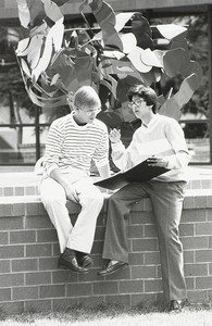 Students engaged in conversation at Outside Robsham Theater at Boston College