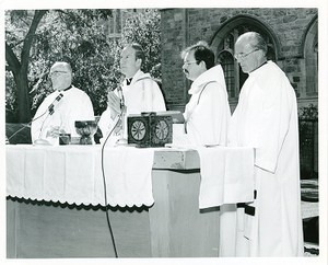 Monan, J. Donald at his 25th anniversary of priesthood with Charles F. Donovan, Fr. Albert, and Daniel Shine