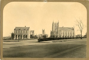 Saint Mary's Hall, Gasson Hall, and Bapst Library from across Commonwealth Avenue, looking down Linden Lane, by Clifton Church