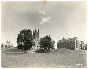 Saint Mary's Hall, Gasson Hall, and Devlin Hall in spring, by Clifton Church