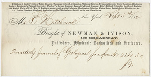 Edward Hitchcock receipt of payment to Newman & Ivison, 1852 September 3