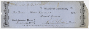 Edward Hitchcock receipt of payment to Williston Seminary, 1850 December 16