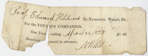 Edward Hitchcock receipt of payment to Nathaniel Willis, 1838 April 21