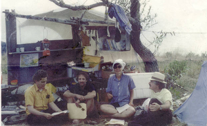 Anthro faculty pay visit to colleague Barbara Luedtke camping on Calf Island summer of 1976