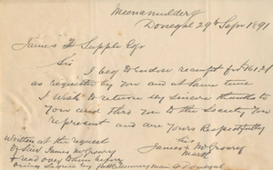 Letter from James McGroary confirming receipt of insurance payment for his son, Frederick McGroary