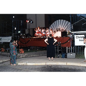 Little girls in red, white, and blue dresses performing on the stage during the 1998 Festival Betances beauty contest.