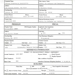 Standard service contract between the Chinese Progressive Association and the Massachusetts Office for Refugees and Immigrants, for the Citizenship and Democracy Education Project