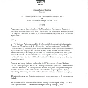 Memo of Understanding Between: Tim Costello representing the Campaign on Contingent Work and Marc Caplan representing Northeast Action