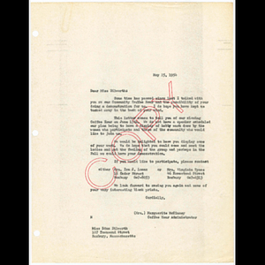 Letter from Marguerite McKinney to Miss Edna Dilworth about Freedom House Coffee Hour