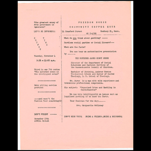 Flier advertising Freedom House Coffee Hour featuring the Reverend James Henry Burns speaking on organized crime and gambling in Massachusetts