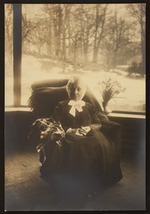 Full-length portrait of Mary Perkins Olmsted, seated on a chair, facing front, location unknown, undated