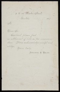 Letterhead for Spalding & Wales, dry goods, 9 to 15 Winter Street, Boston, Mass., 1870s