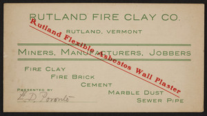 Trade card for Rutland Fire Clay Co., miners, manufacturers, jobbers, Rutland, Vermont, undated