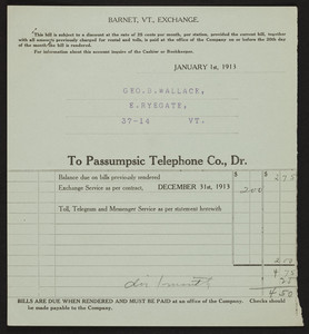 Billhead for the Passumpsic Telephone Co., Dr., Barnet, Vermont, dated December 31, 1913