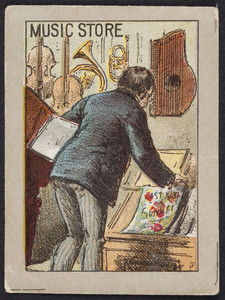 Trade card for unidentified music store, location unknown, undated