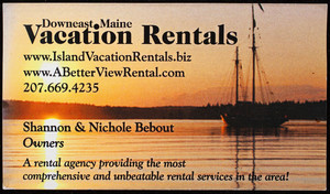 Business card for Downeast Maine Vacation Rentals, 276 Union Street, Blue Hill, Maine, undated