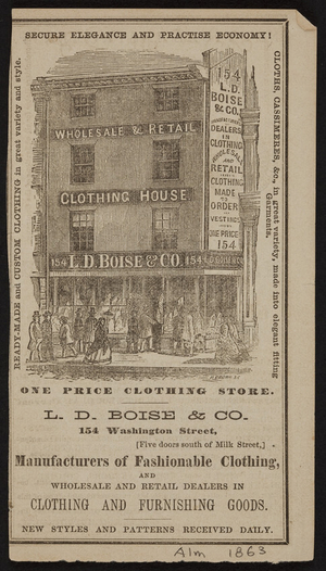 Advertisement for L.D. Boise & Co., clothing, 154 Washington Street, Boston, Mass., ca.1863