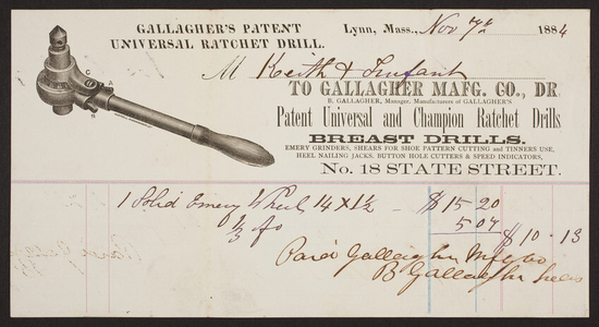 Billhead for Gallagher Mafg. Co., Dr., Patent Universal and Champion Ratchet Drills, No. 18 State Street, Lynn, Mass., dated November 7, 1884