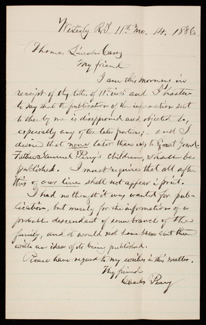 Charles Perry to Thomas Lincoln Casey, November 14, 1886