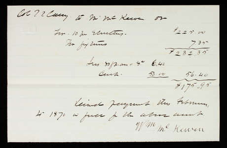 William Kerven to Thomas Lincoln Casey, February 4, 1870, receipt