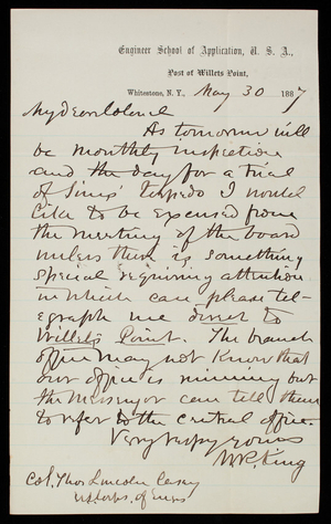 [William] R. King to Thomas Lincoln Casey, May 30, 1887