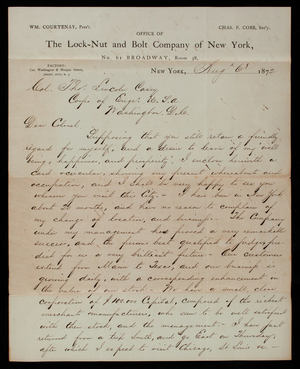 [William]Courtenay to Thomas Lincoln Casey, August 6, 1872