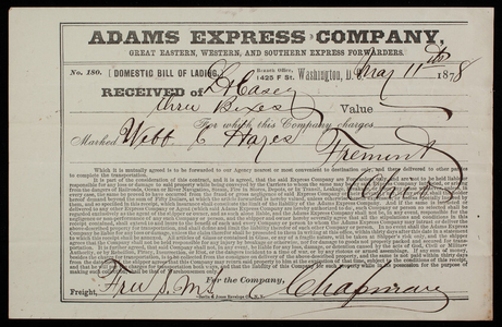 Adams Express Company to Thomas Lincoln Casey, May 11, 1878 (1)