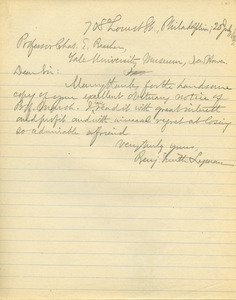 Letter from Benjamin Smith Lyman to Professor Charles E. Reacher