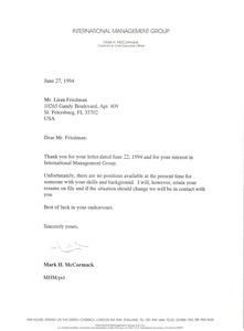 Letter from Mark H. McCormack to Liran Friedman