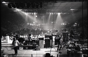 Santana concert at the Springfield Civic Center: view of stage and instruments, audience lights up