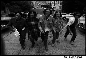 Five friends walking up a steep San Francisco street: Verandah Porche (far left)