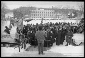 Man addressing a group of antiwar demonstrators protesting the invasion of Laos in front of the Vermont State House