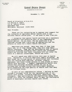 Letter from Bill Bradley to Board of Directors of National Association of Psychiatric Survivors