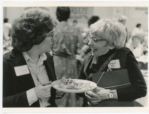 Nuclear Freeze rally at the Edwards Church: Margaret Holt (right) talking with Betty Matuszek