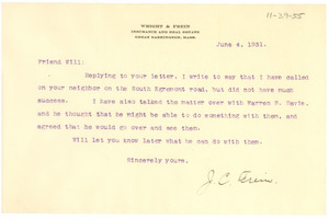 Letter from J. C. Frein to W. E. B. Du Bois