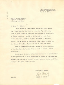 Letter from Lloyd G. Oxley to W. E. B. Du Bois