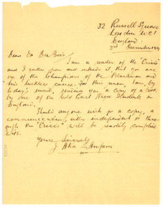 Letter from J. Aka-Anfam to W. E. B. Du Bois