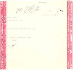 Telegram from Anna Aslan to Shirley Graham Du Bois